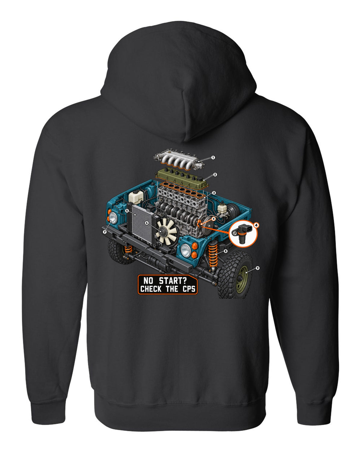 Exploded cutaway engine print of a Jeep Wrangler TJ with check the CPS text black zip hoodie back view with the design