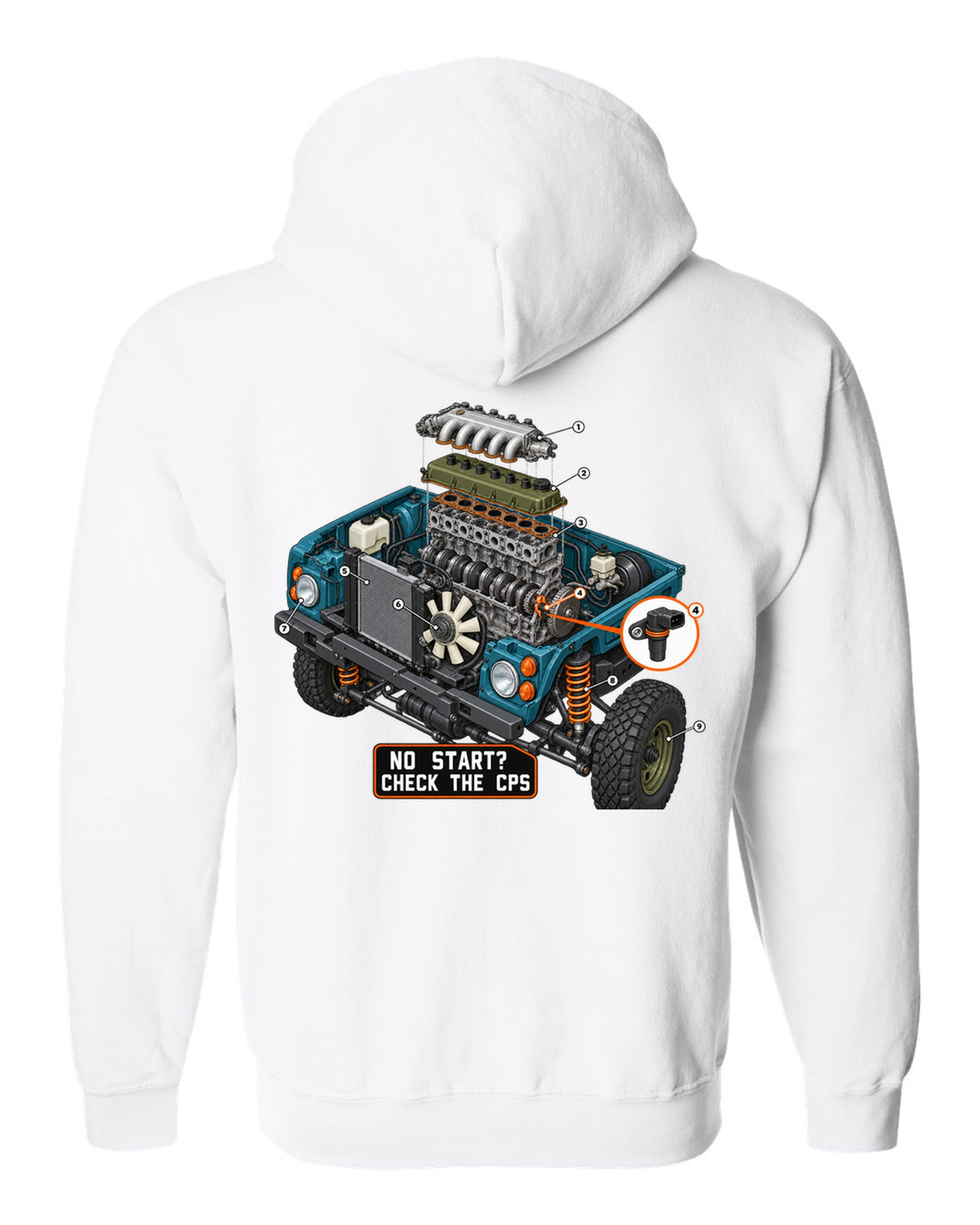Exploded cutaway engine print of a Jeep Wrangler TJ with check the CPS text white zip hoodie back view with the design