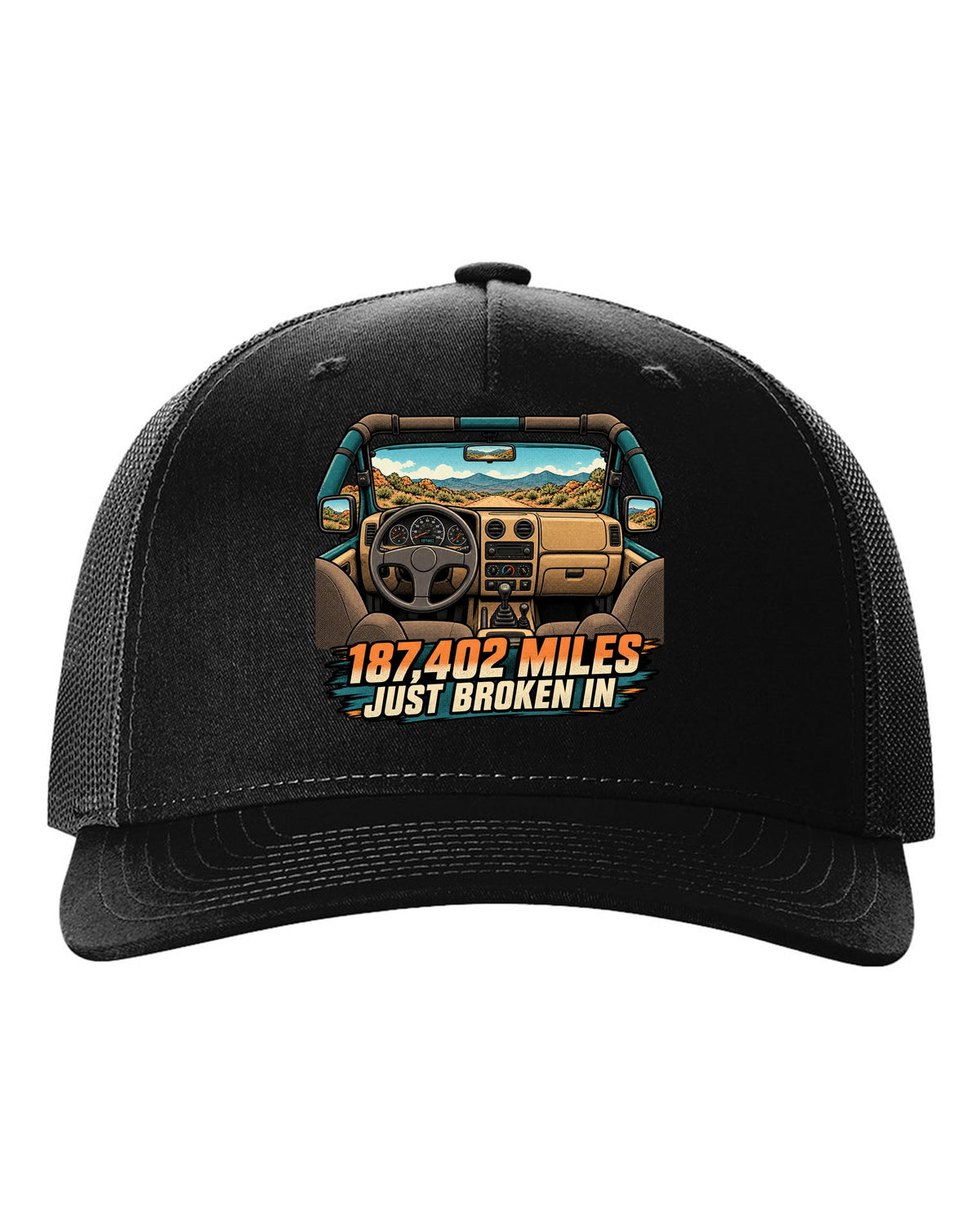 Halftone manga panel of a sun-faded Jeep Wrangler TJ dashboard with 187,402 MILES JUST BROKEN IN lettering black hat front view with the design