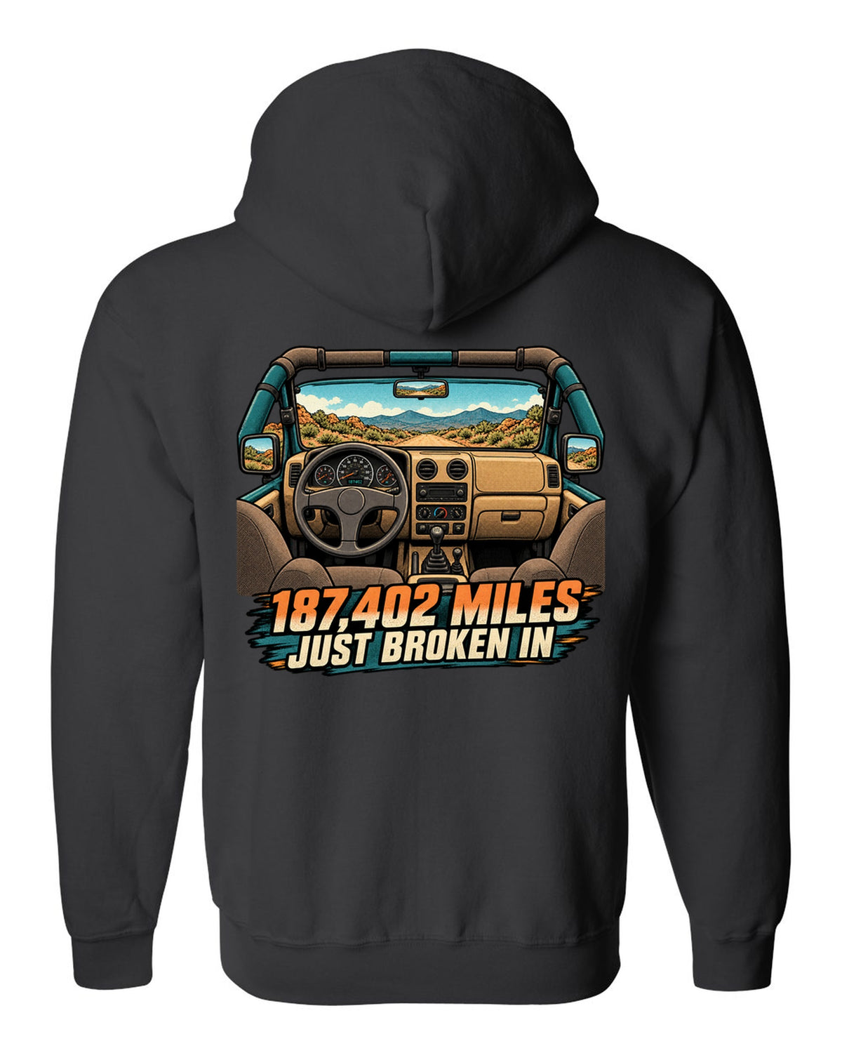 Halftone manga panel of a sun-faded Jeep Wrangler TJ dashboard with 187,402 MILES JUST BROKEN IN lettering black zip hoodie back view with the design