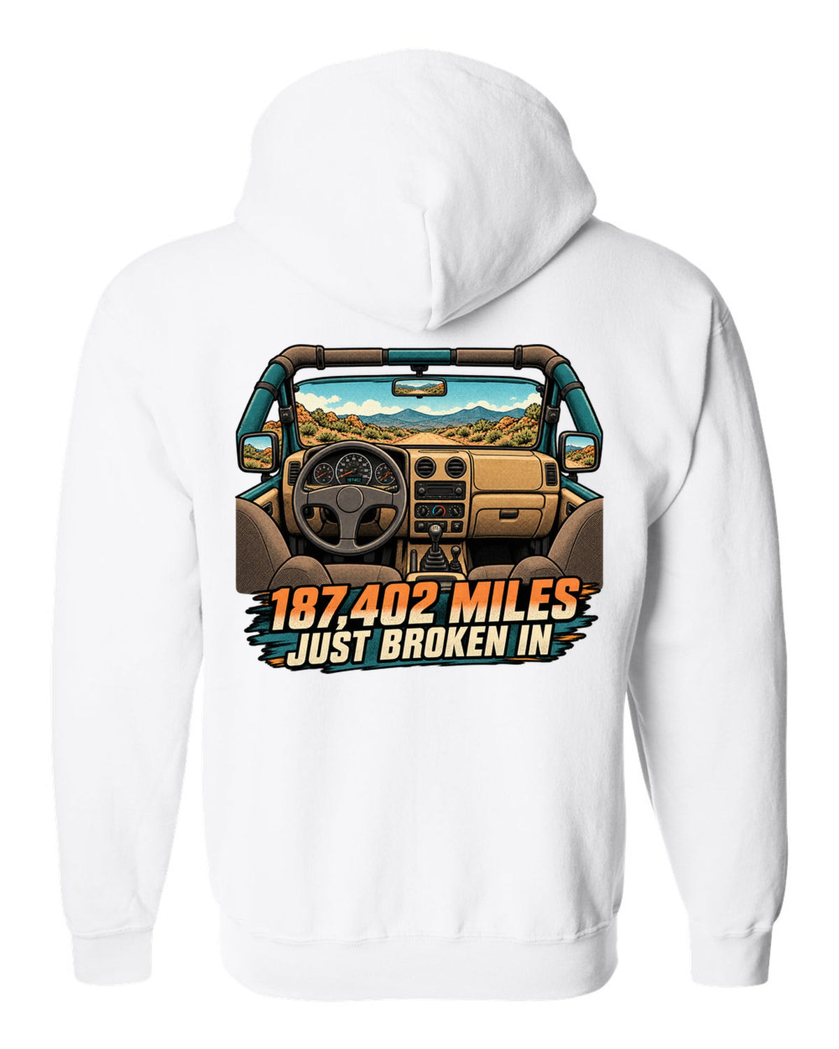 Halftone manga panel of a sun-faded Jeep Wrangler TJ dashboard with 187,402 MILES JUST BROKEN IN lettering white zip hoodie back view with the design