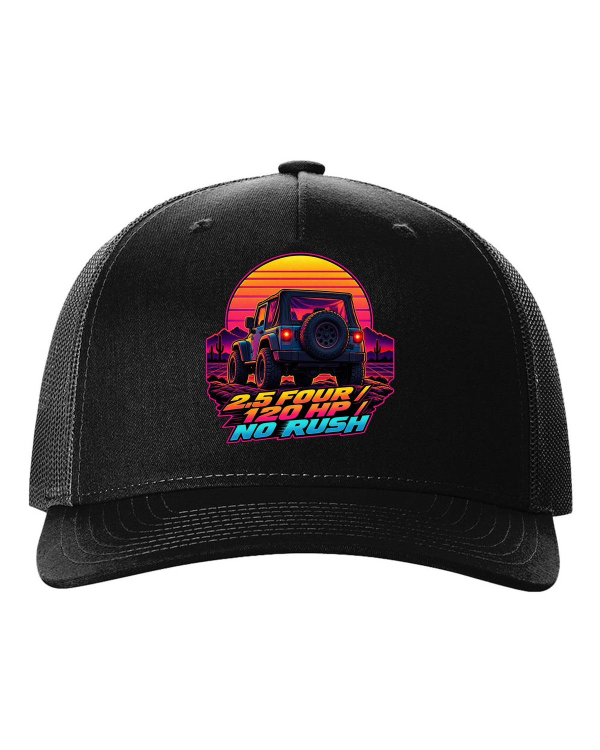 Synthwave sunset illustration of a Jeep Wrangler TJ tailgate with 2.5 FOUR 120 HP NO RUSH lettering black hat front view with the design
