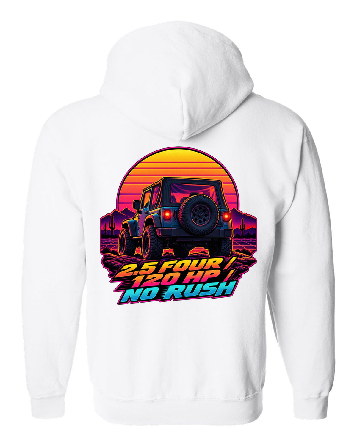 Synthwave sunset illustration of a Jeep Wrangler TJ tailgate with 2.5 FOUR 120 HP NO RUSH lettering white zip hoodie back view with the design