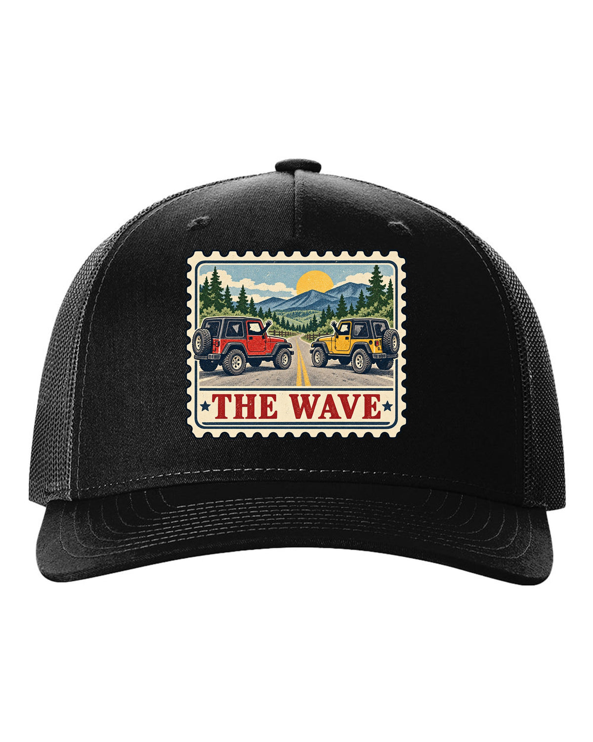 Vintage postage stamp print of a Jeep Wrangler TJ with the words The Wave black hat front view with the design