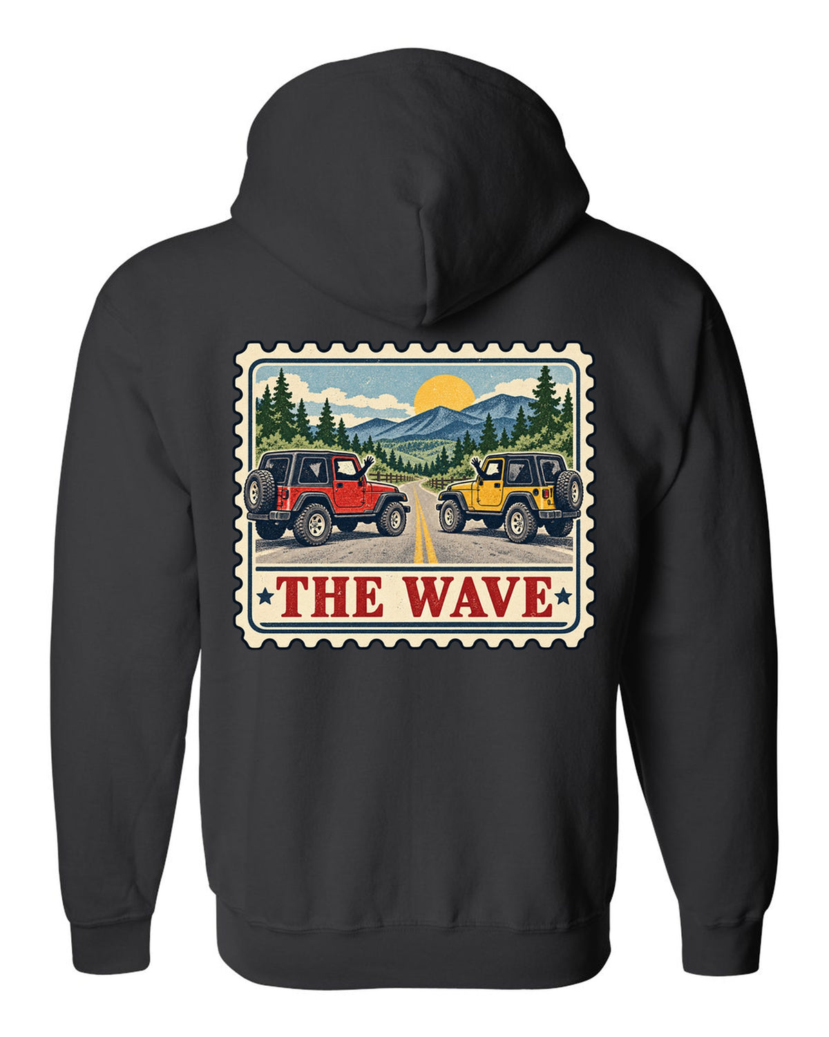 Vintage postage stamp print of a Jeep Wrangler TJ with the words The Wave black zip hoodie back view with the design