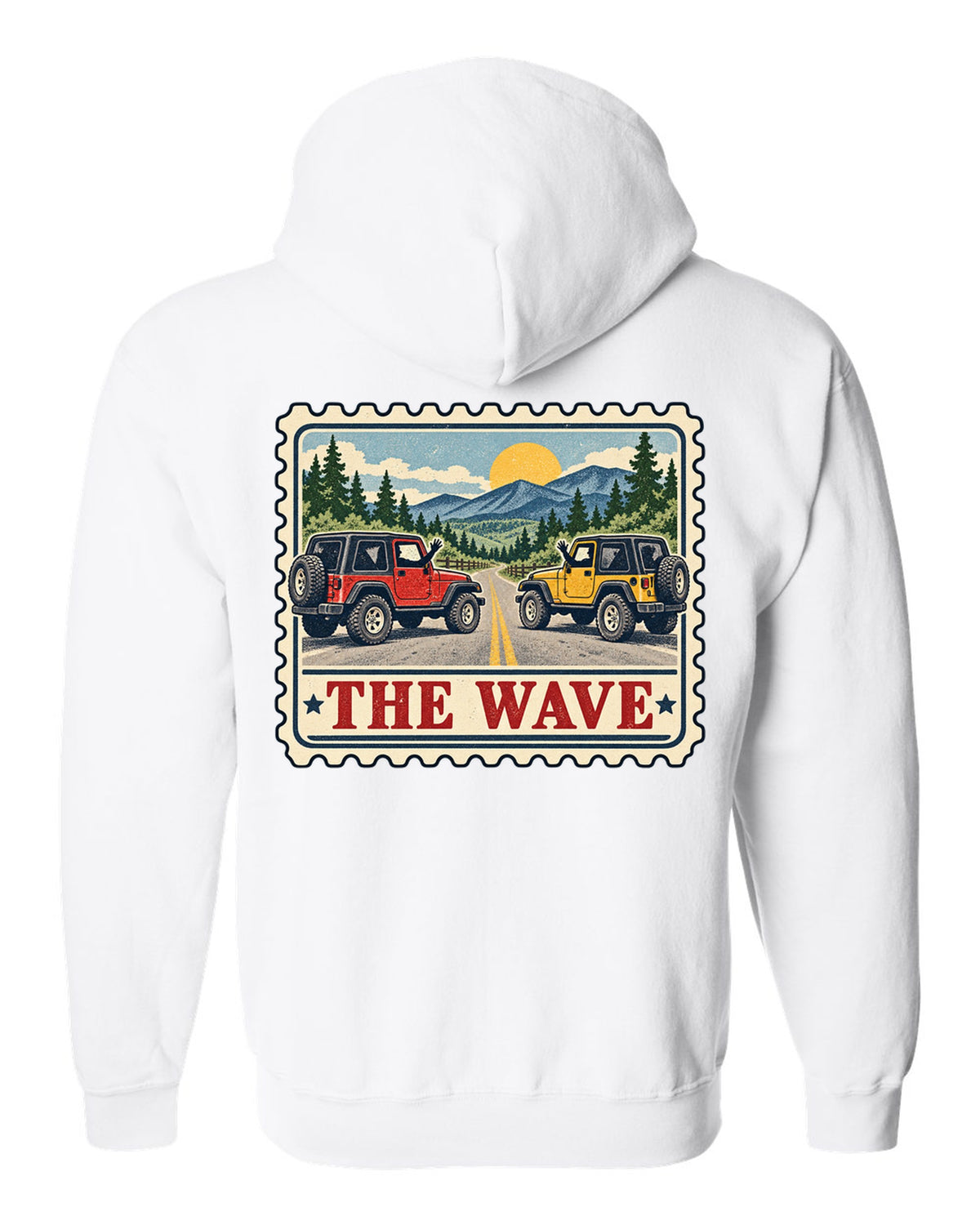 Vintage postage stamp print of a Jeep Wrangler TJ with the words The Wave white zip hoodie back view with the design