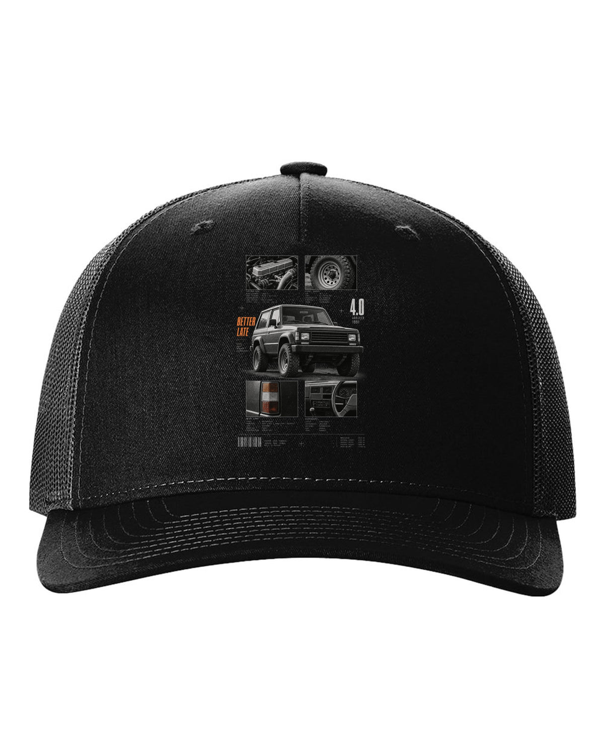 Dossier panel print for the Jeep Wrangler YJ 4.0, arrived 1991 black hat front view with the design