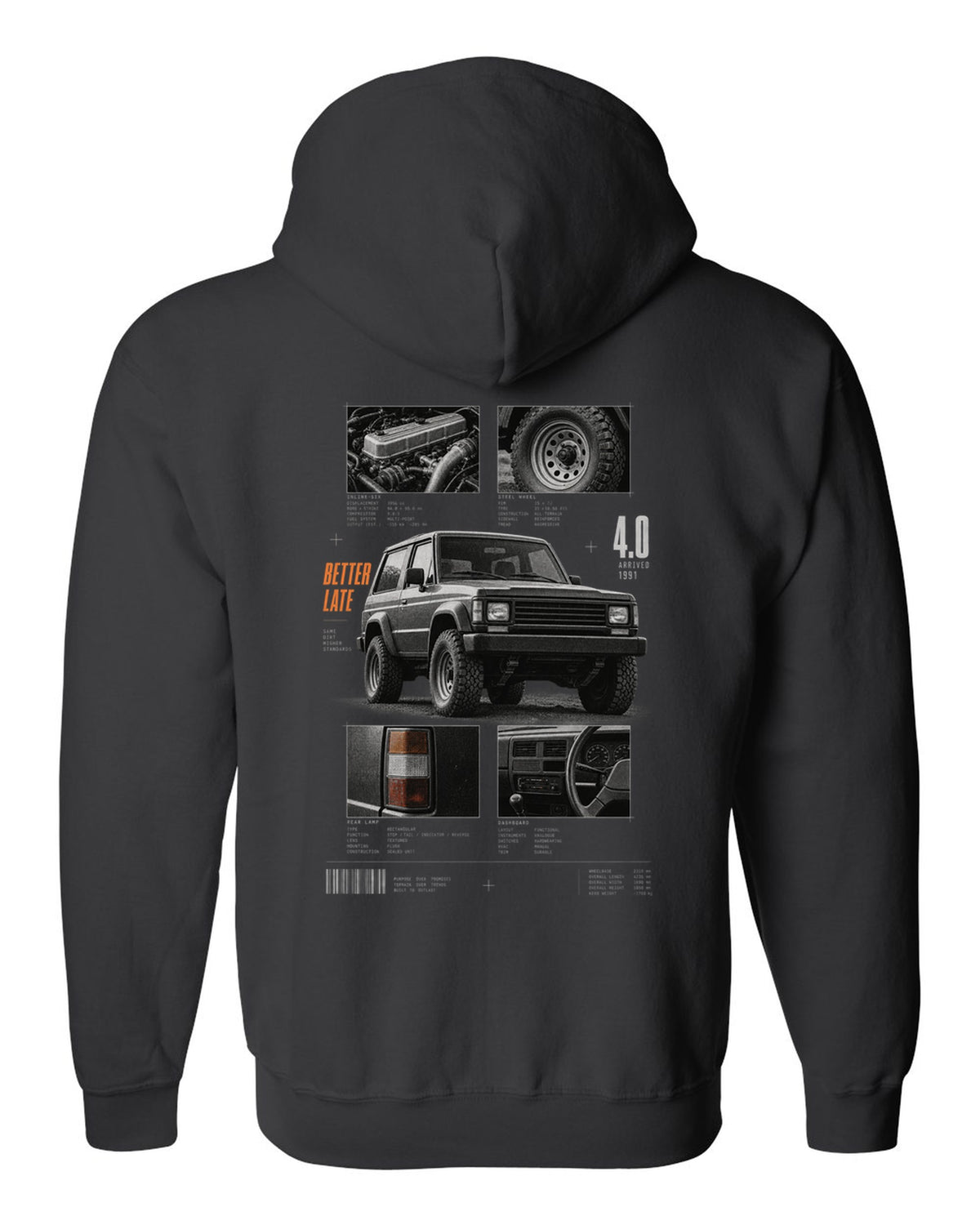 Dossier panel print for the Jeep Wrangler YJ 4.0, arrived 1991 black zip hoodie back view with the design
