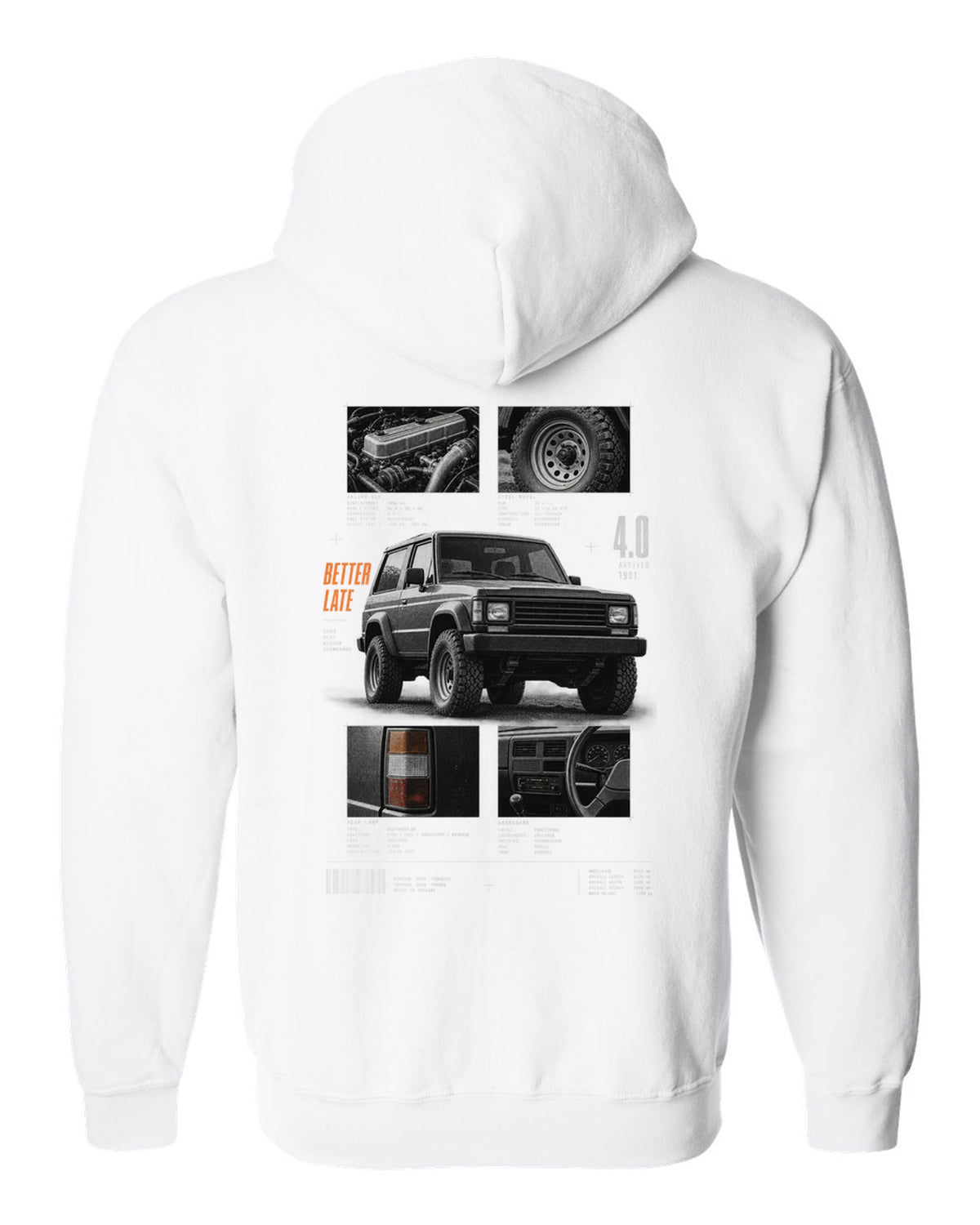 Dossier panel print for the Jeep Wrangler YJ 4.0, arrived 1991 white zip hoodie back view with the design
