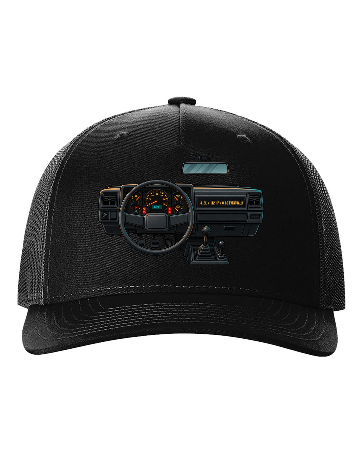 Gauge-cluster HUD print of a Jeep Wrangler YJ with 4.2L and 112 HP text black hat front view with the design