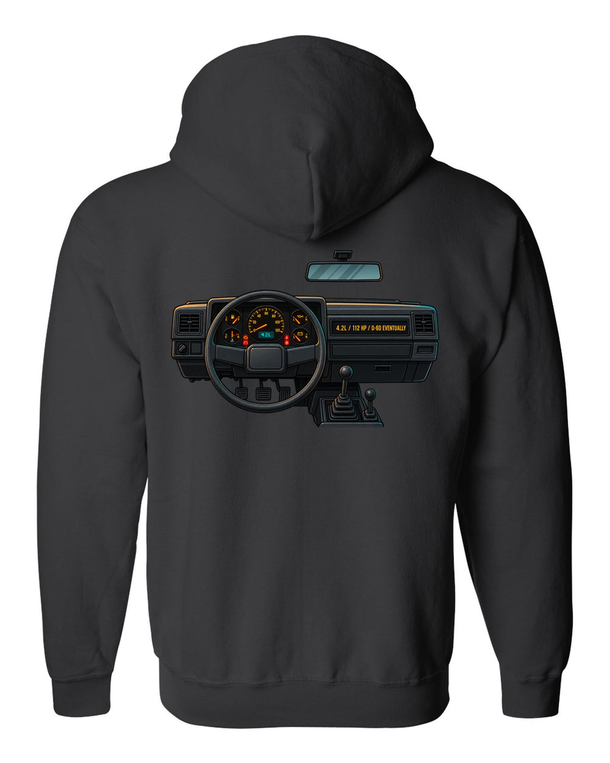 Gauge-cluster HUD print of a Jeep Wrangler YJ with 4.2L and 112 HP text black zip hoodie back view with the design
