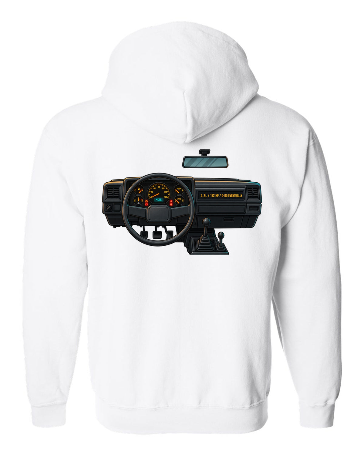 Gauge-cluster HUD print of a Jeep Wrangler YJ with 4.2L and 112 HP text white zip hoodie back view with the design