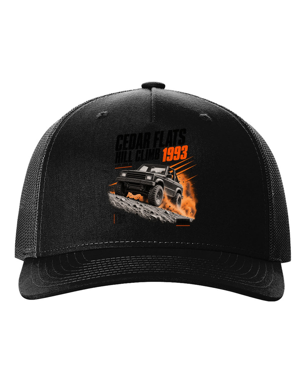 Race poster print for the Jeep Wrangler YJ, Cedar Flats Hill Climb 1993 black hat front view with the design