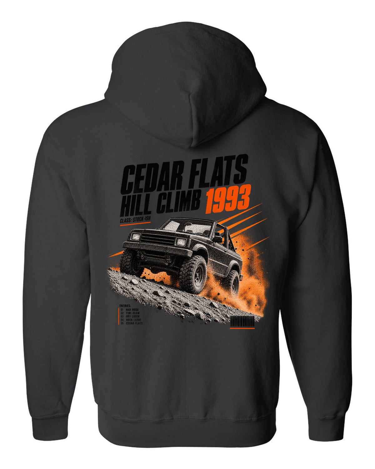 Race poster print for the Jeep Wrangler YJ, Cedar Flats Hill Climb 1993 black zip hoodie back view with the design