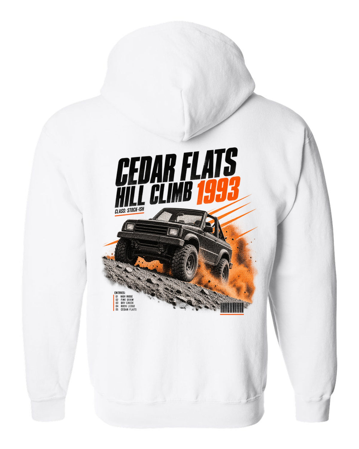 Race poster print for the Jeep Wrangler YJ, Cedar Flats Hill Climb 1993 white zip hoodie back view with the design
