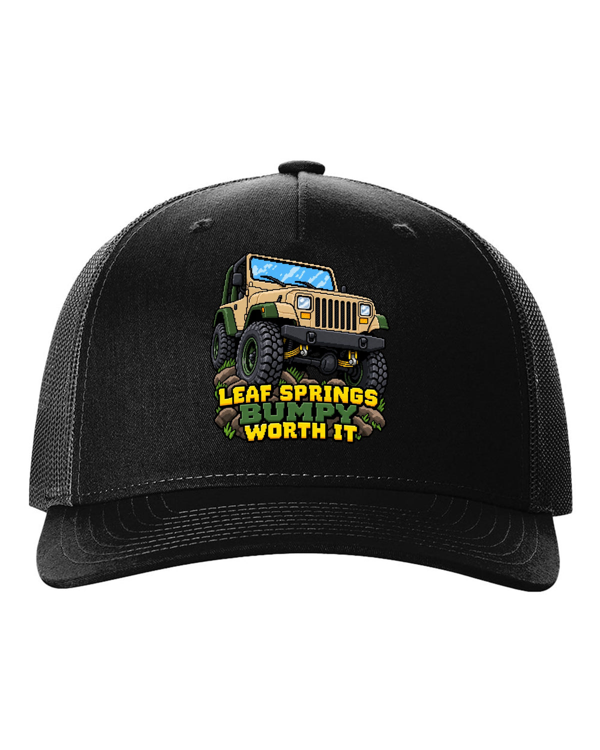 16-bit pixel art illustration of a Jeep Wrangler YJ with LEAF SPRINGS BUMPY WORTH IT lettering black hat front view with the design