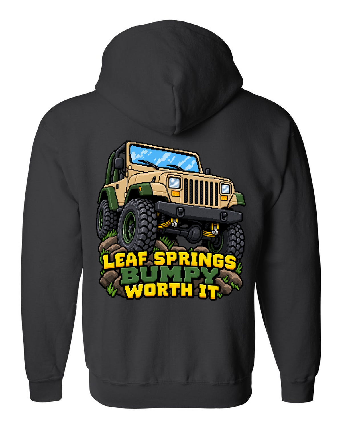16-bit pixel art illustration of a Jeep Wrangler YJ with LEAF SPRINGS BUMPY WORTH IT lettering black zip hoodie back view with the design