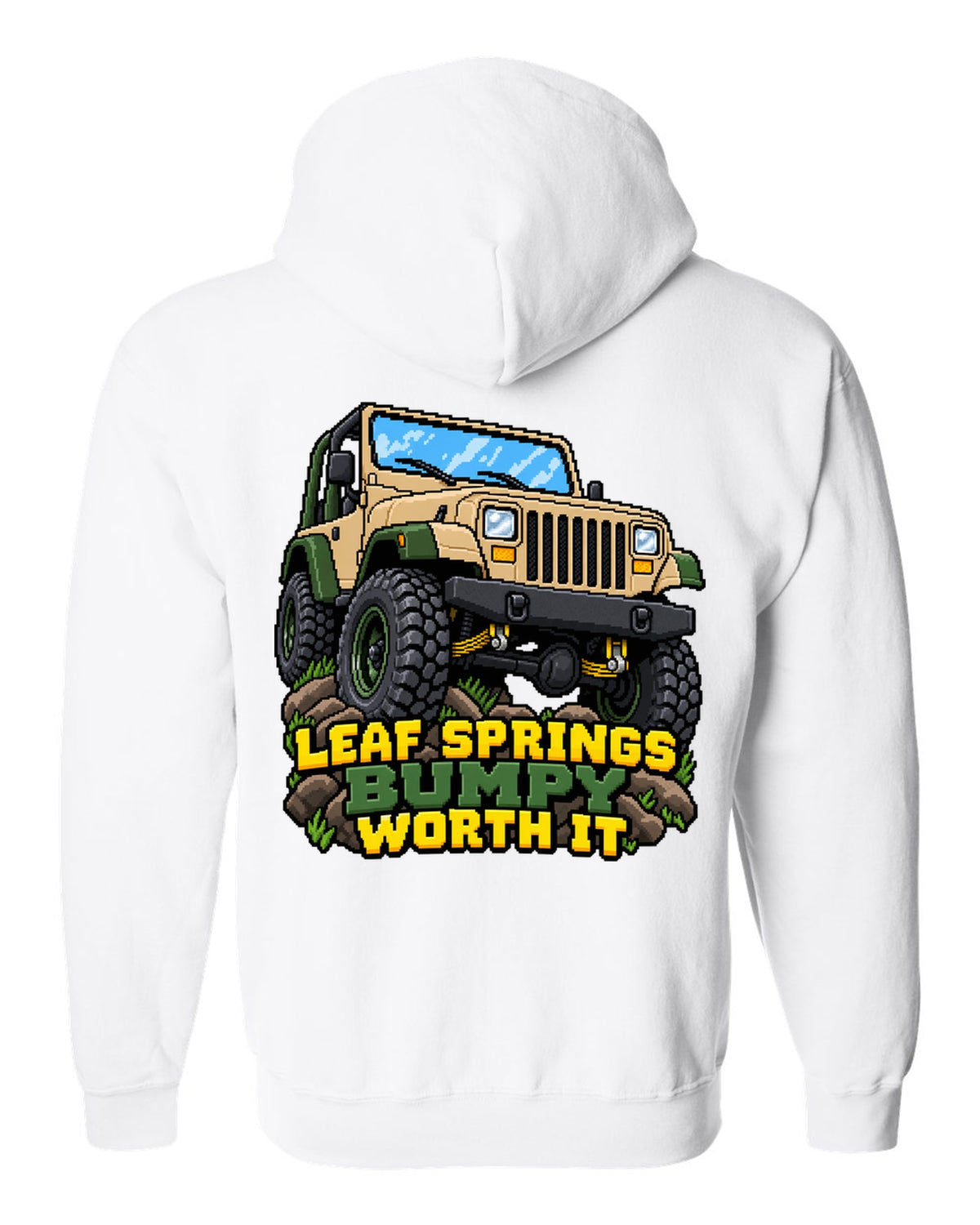 16-bit pixel art illustration of a Jeep Wrangler YJ with LEAF SPRINGS BUMPY WORTH IT lettering white zip hoodie back view with the design