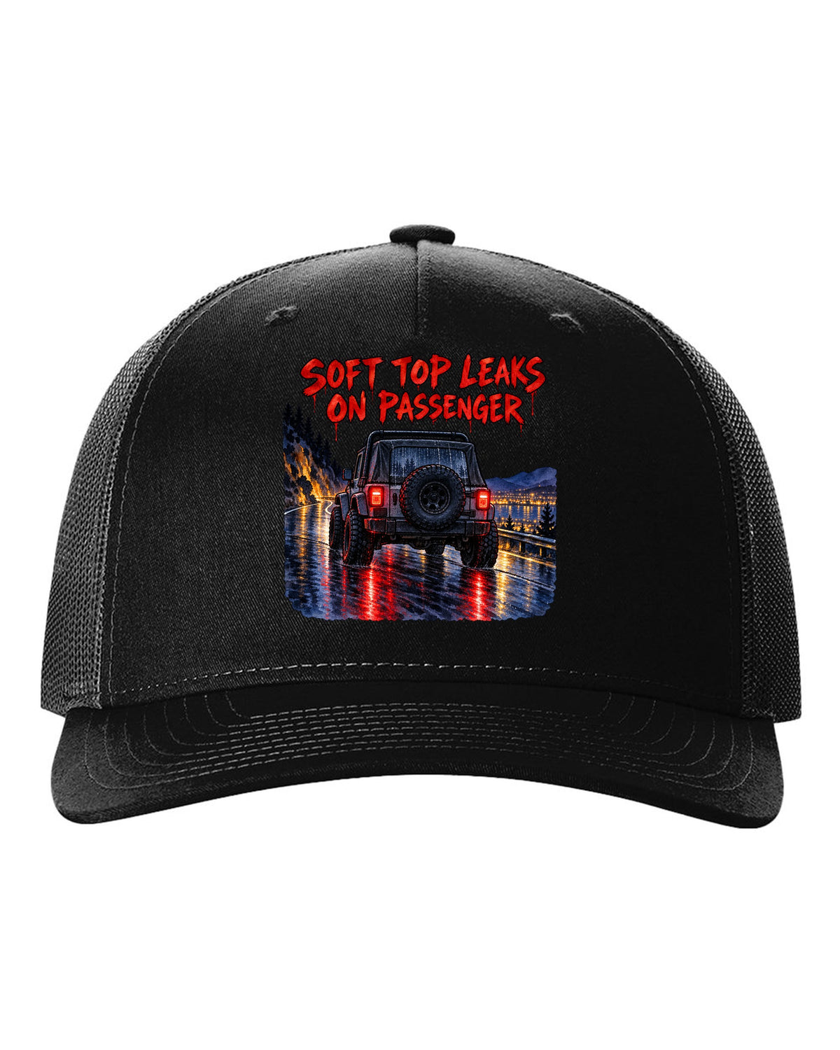 Watercolour wet-road night print of a Jeep Wrangler YJ taillights with soft top text black hat front view with the design