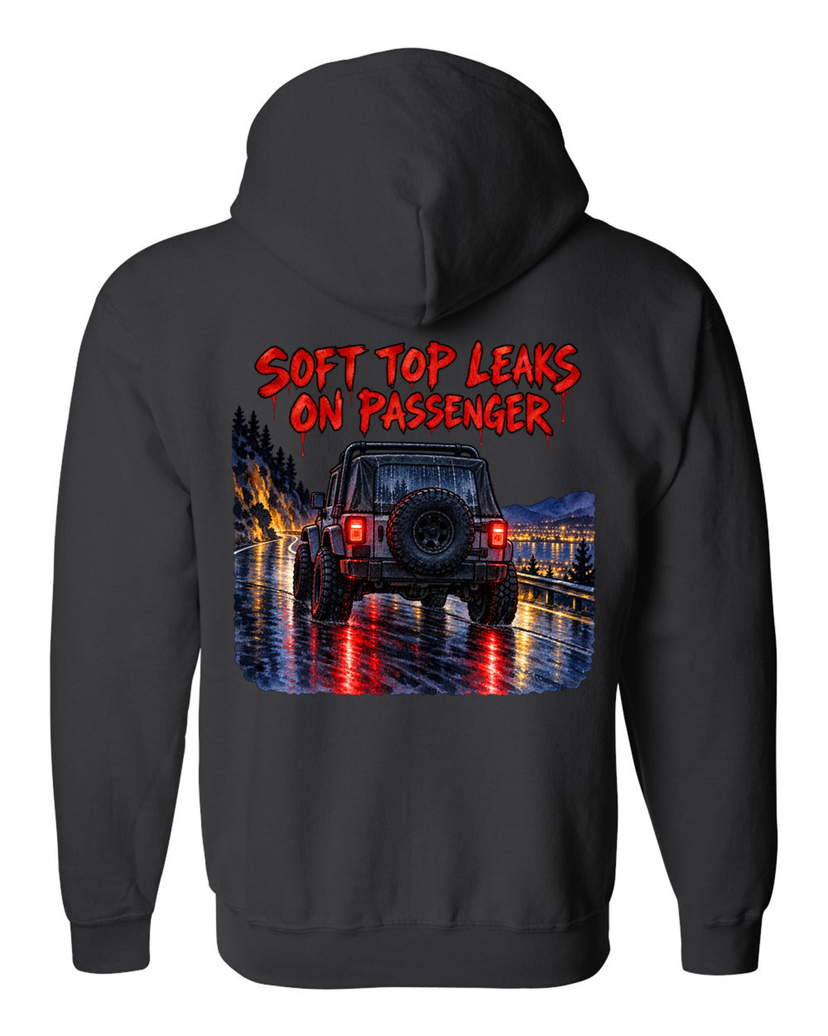 Watercolour wet-road night print of a Jeep Wrangler YJ taillights with soft top text black zip hoodie back view with the design