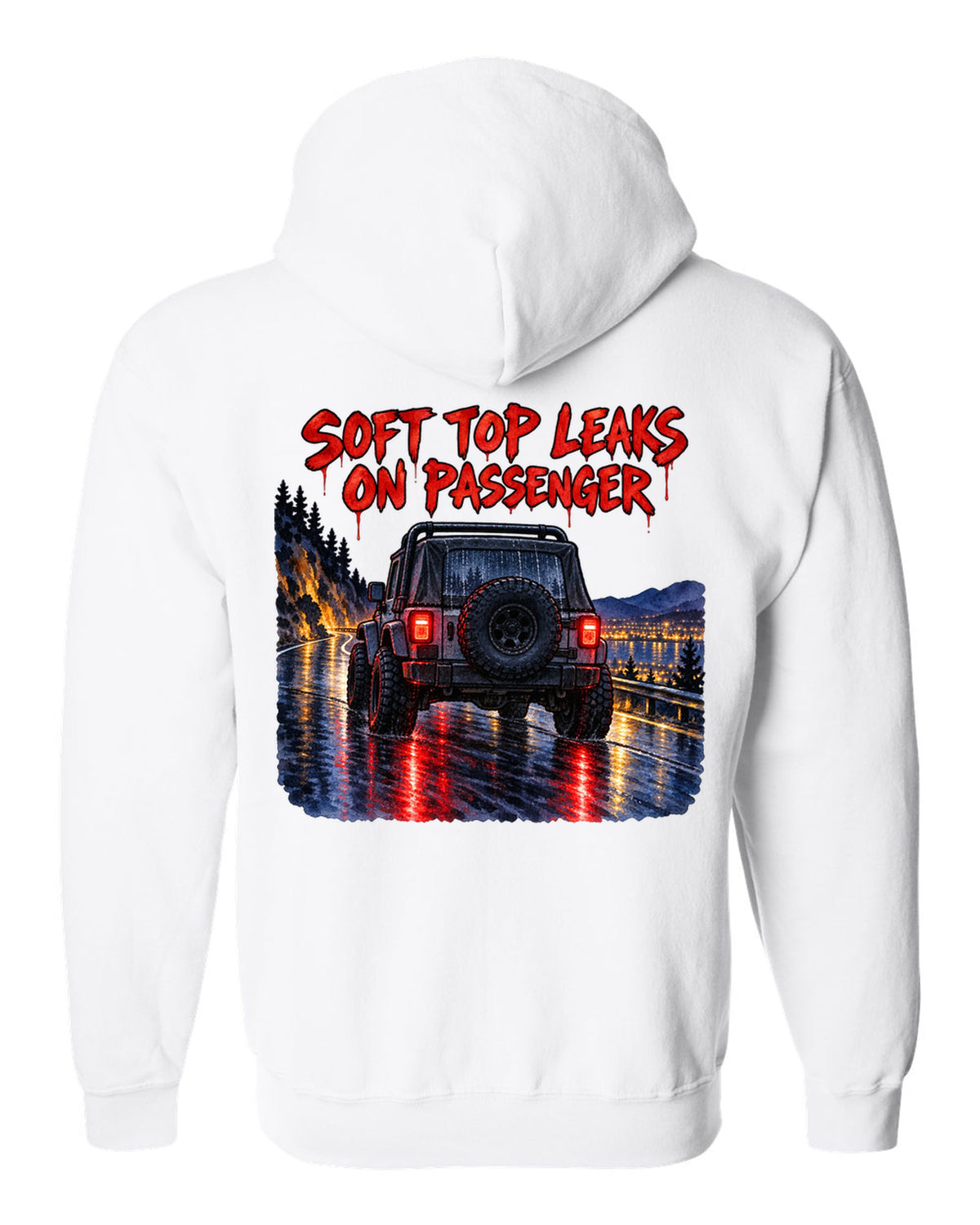 Watercolour wet-road night print of a Jeep Wrangler YJ taillights with soft top text white zip hoodie back view with the design