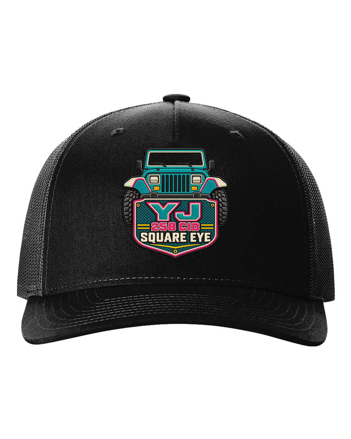 Embroidery-style varsity crest print of a Jeep Wrangler YJ with square eye text black hat front view with the design
