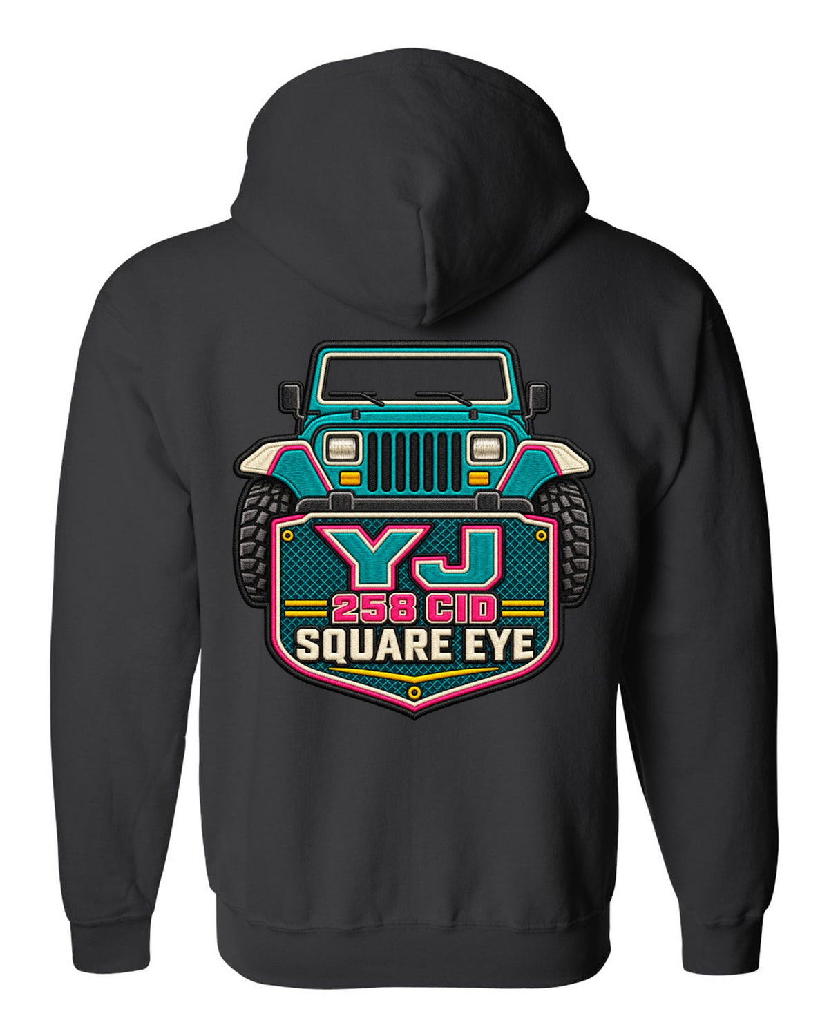 Embroidery-style varsity crest print of a Jeep Wrangler YJ with square eye text black zip hoodie back view with the design