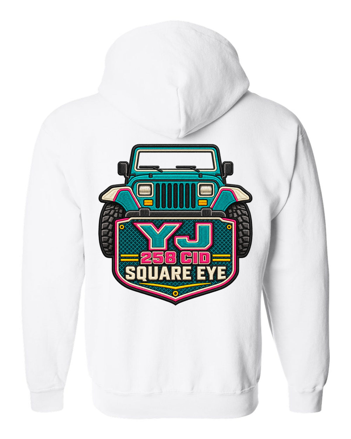 Embroidery-style varsity crest print of a Jeep Wrangler YJ with square eye text white zip hoodie back view with the design