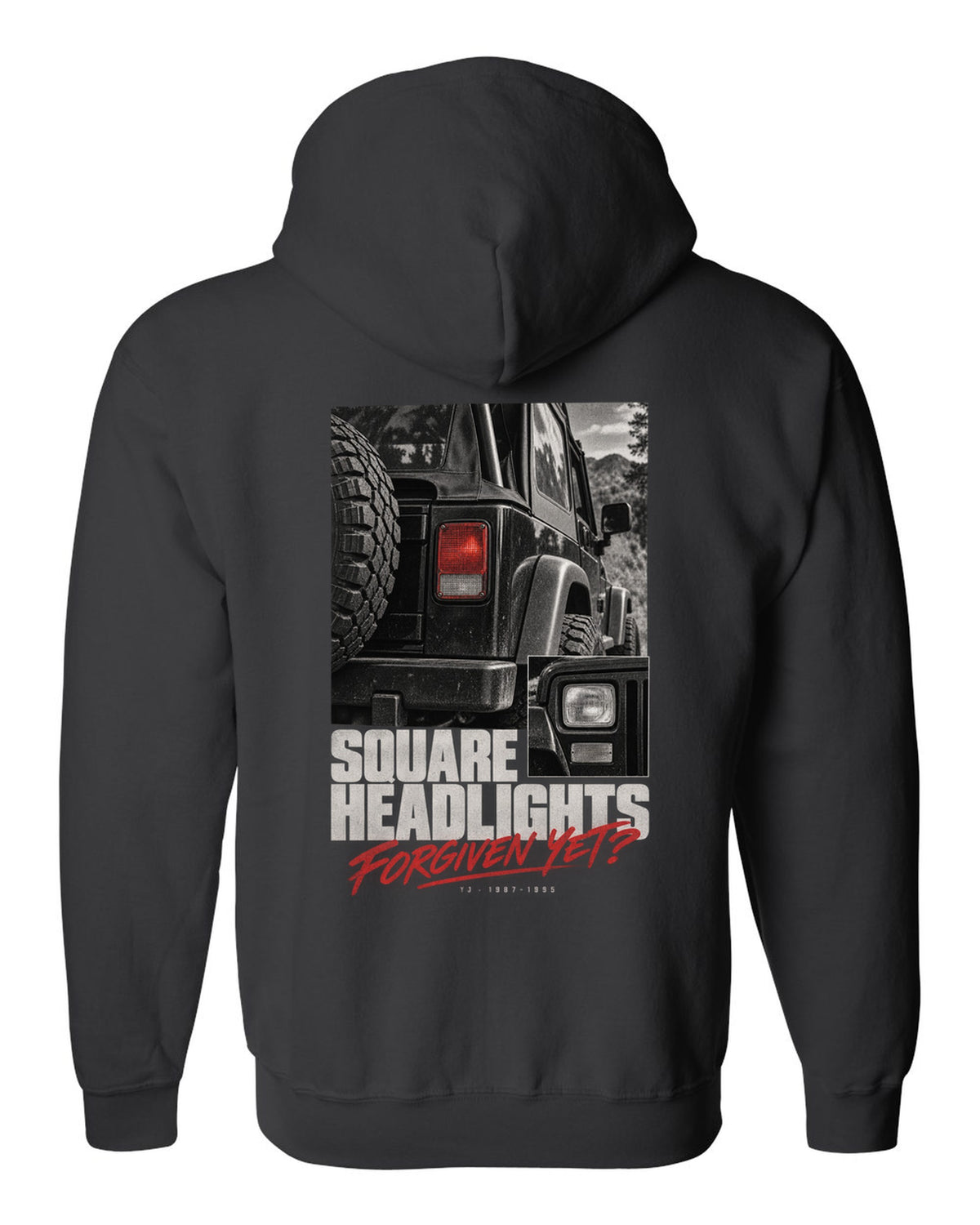 Detail macro print for the Jeep Wrangler YJ square headlights, 1987-1995 black zip hoodie back view with the design