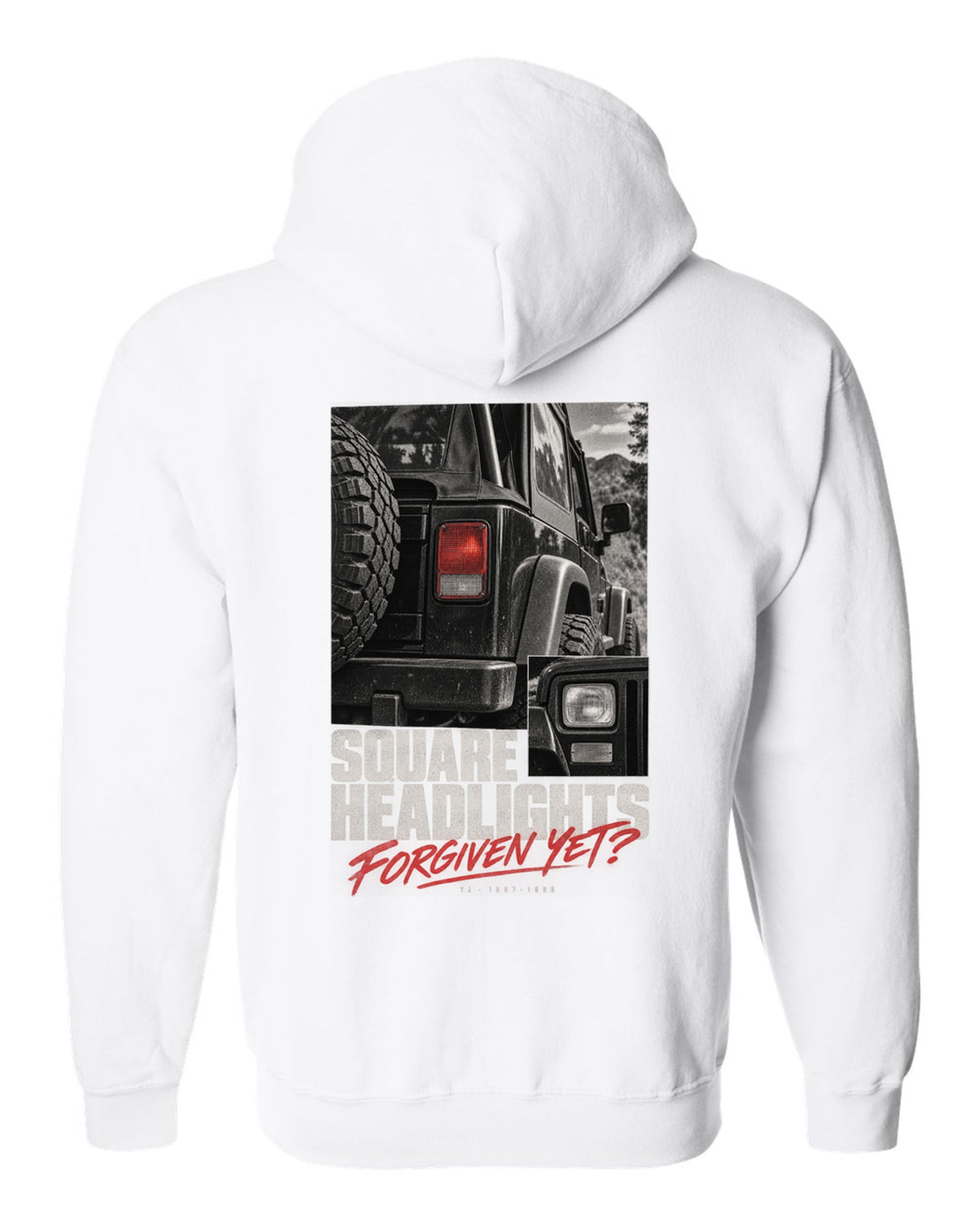 Detail macro print for the Jeep Wrangler YJ square headlights, 1987-1995 white zip hoodie back view with the design