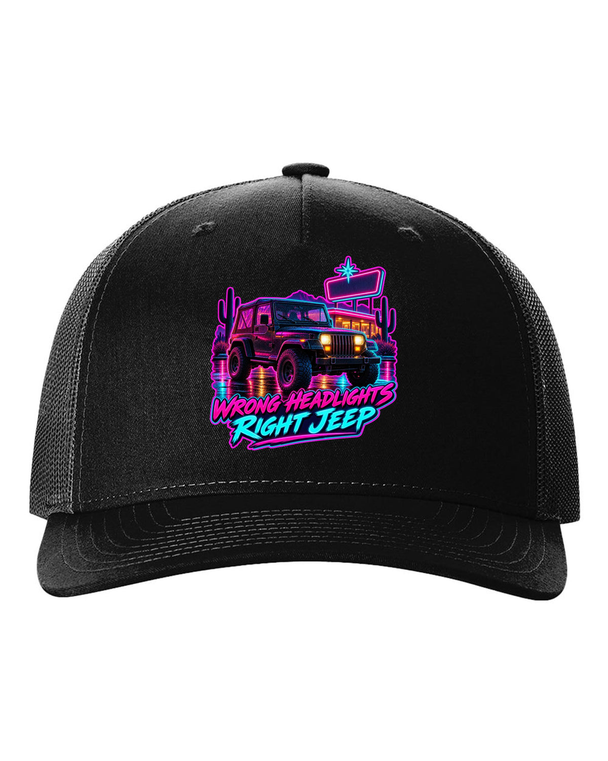 Synthwave diner scene illustration of a Jeep Wrangler YJ with WRONG HEADLIGHTS RIGHT JEEP lettering black hat front view with the design