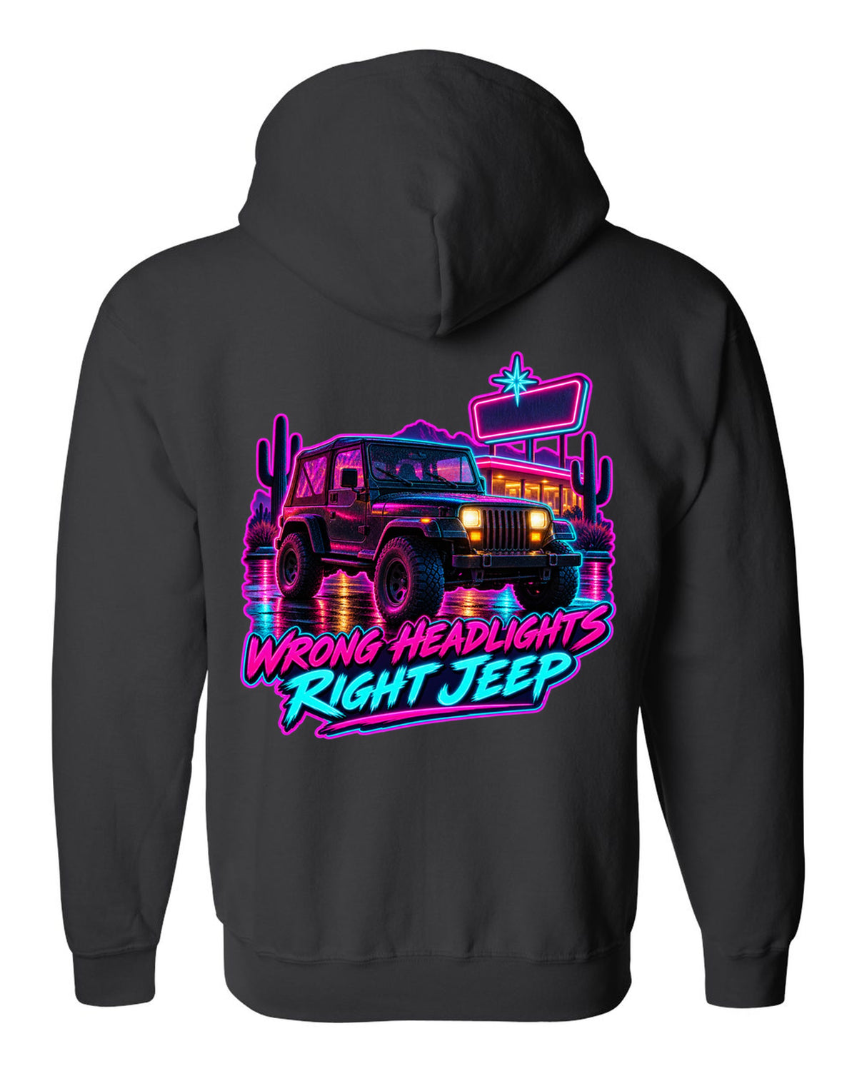 Synthwave diner scene illustration of a Jeep Wrangler YJ with WRONG HEADLIGHTS RIGHT JEEP lettering black zip hoodie back view with the design