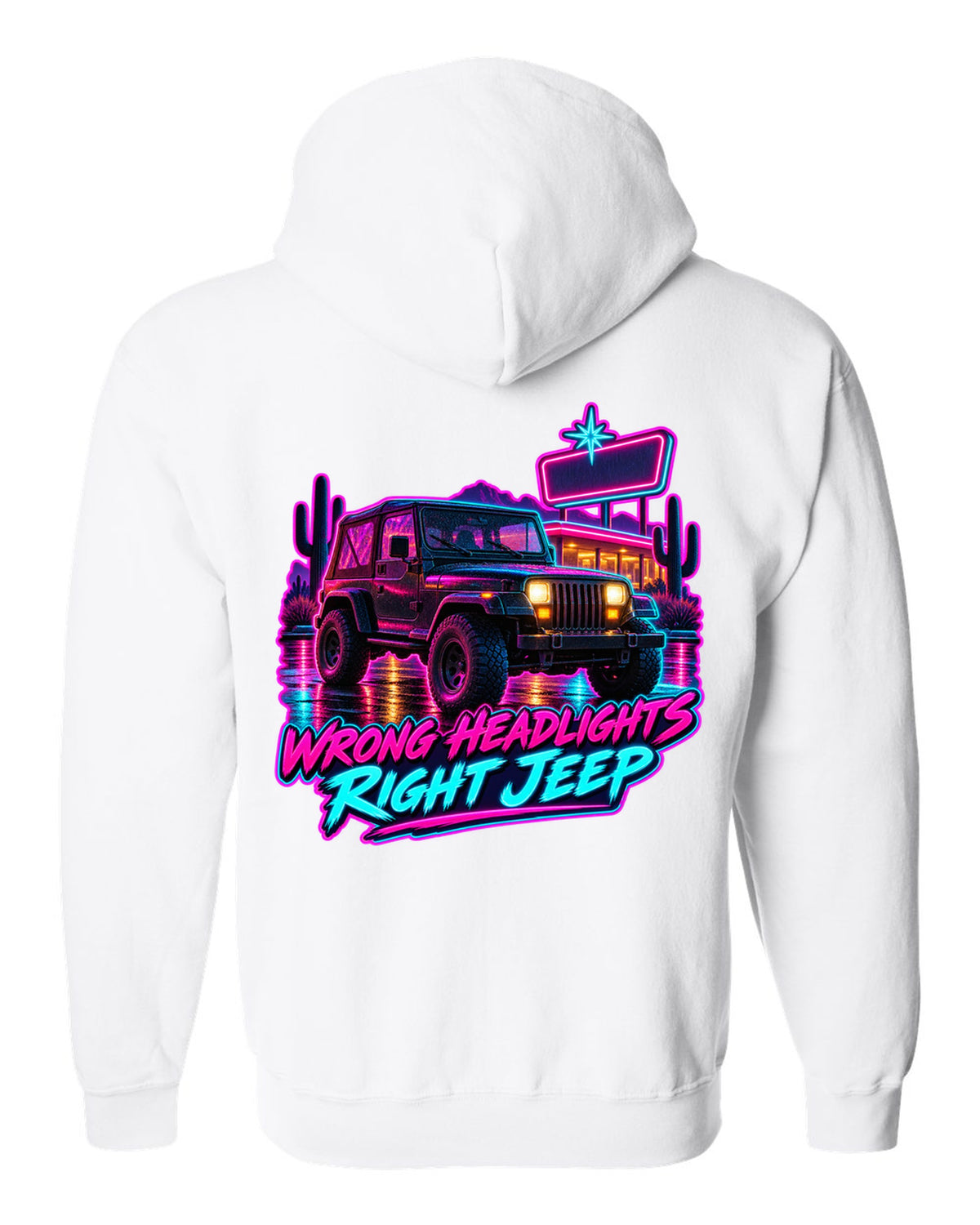 Synthwave diner scene illustration of a Jeep Wrangler YJ with WRONG HEADLIGHTS RIGHT JEEP lettering white zip hoodie back view with the design