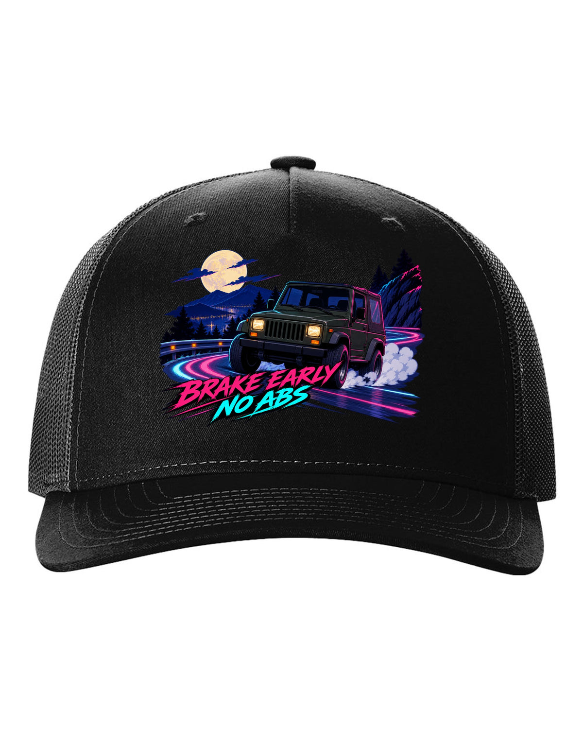 Cel-shaded anime night touge print of a Jeep Wrangler YJ with no ABS text black hat front view with the design