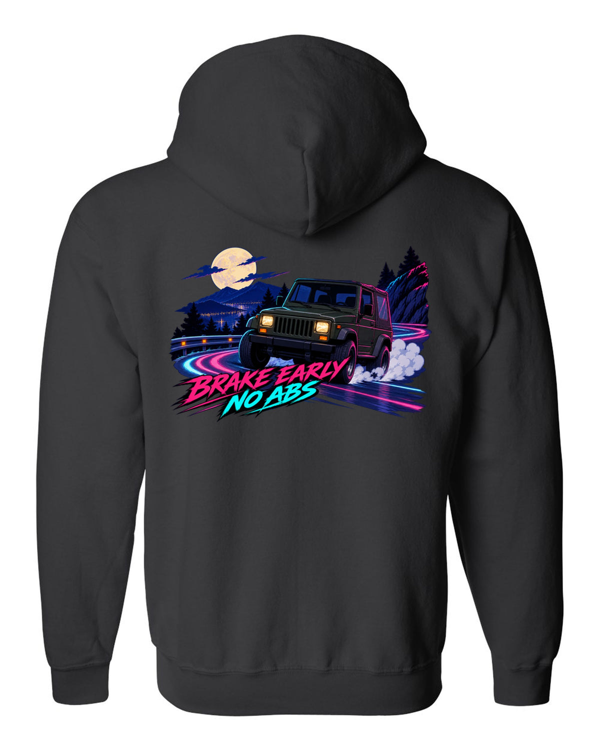 Cel-shaded anime night touge print of a Jeep Wrangler YJ with no ABS text black zip hoodie back view with the design
