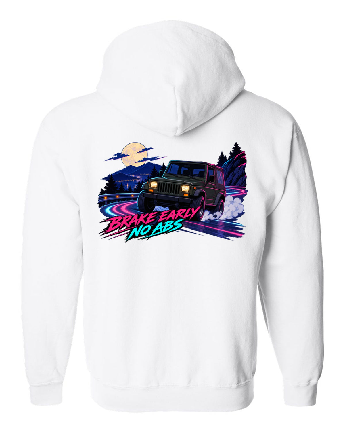 Cel-shaded anime night touge print of a Jeep Wrangler YJ with no ABS text white zip hoodie back view with the design