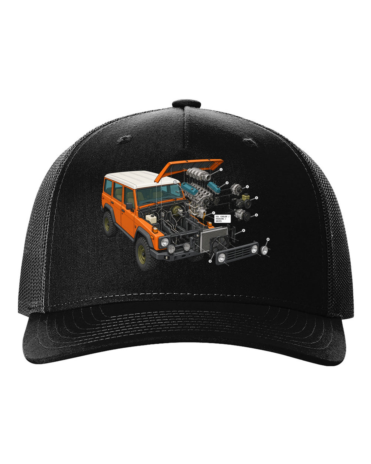 Jeep Wrangler JK V6 exploded engine bay diagram with oil cooler housing drips labels black hat front view with the design