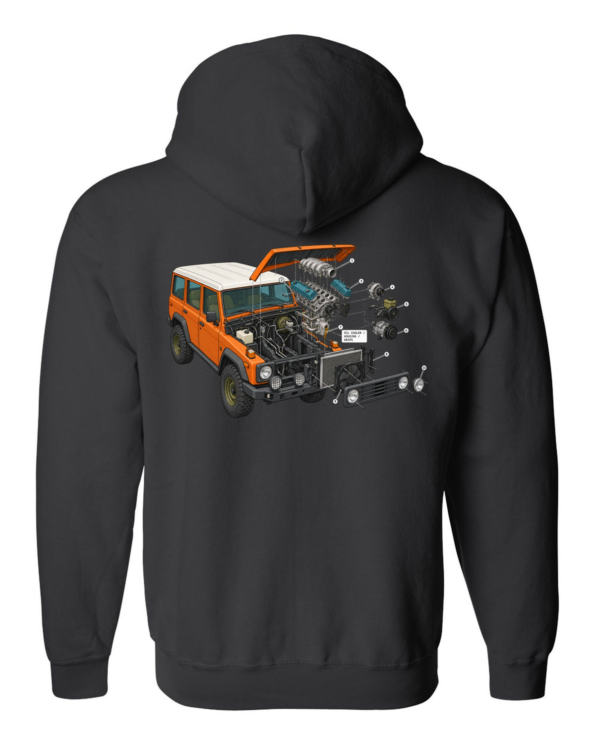 Jeep Wrangler JK V6 exploded engine bay diagram with oil cooler housing drips labels black zip hoodie back view with the design