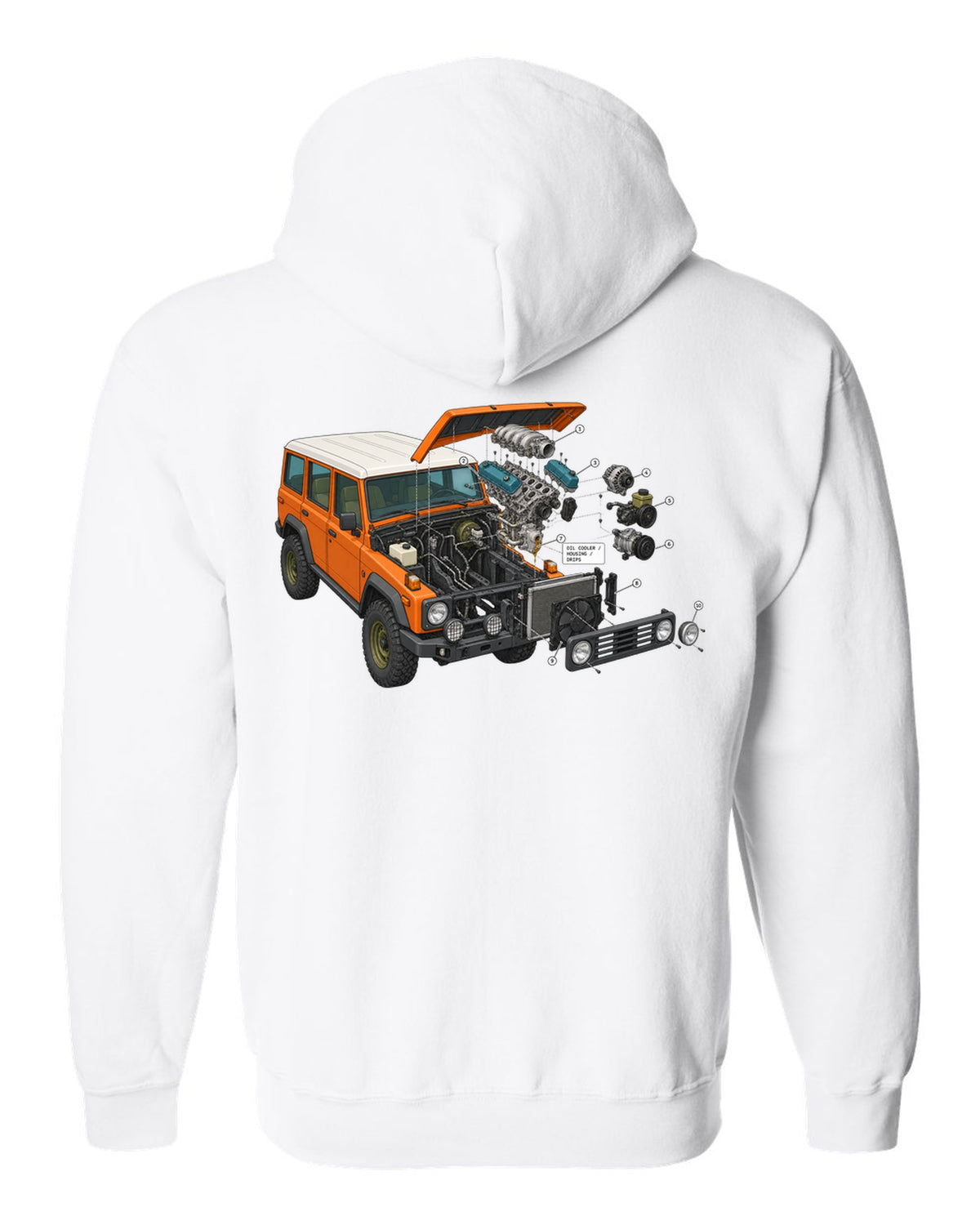 Jeep Wrangler JK V6 exploded engine bay diagram with oil cooler housing drips labels white zip hoodie back view with the design