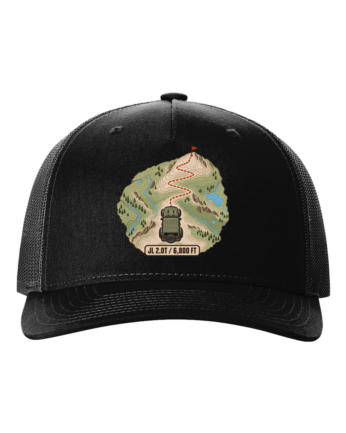Jeep Wrangler JL 2.0T topographic contour map design with route line and 6,800 ft text black hat front view with the design