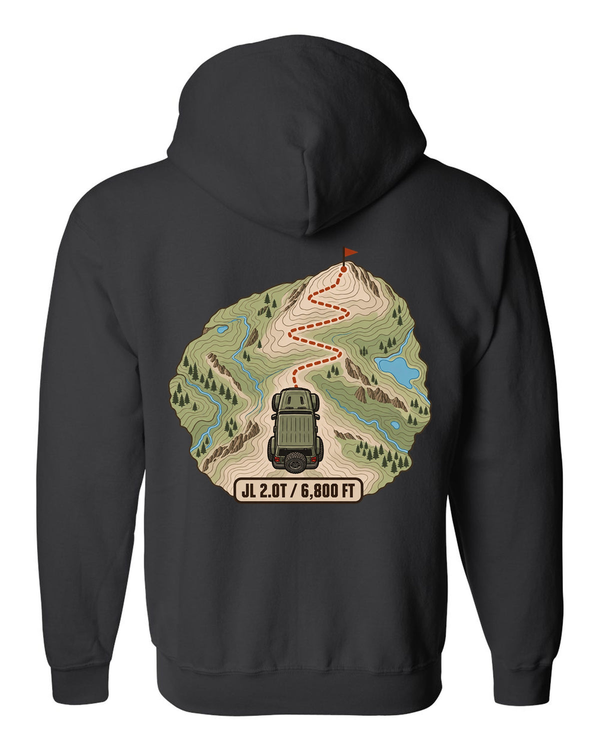 Jeep Wrangler JL 2.0T topographic contour map design with route line and 6,800 ft text black zip hoodie back view with the design
