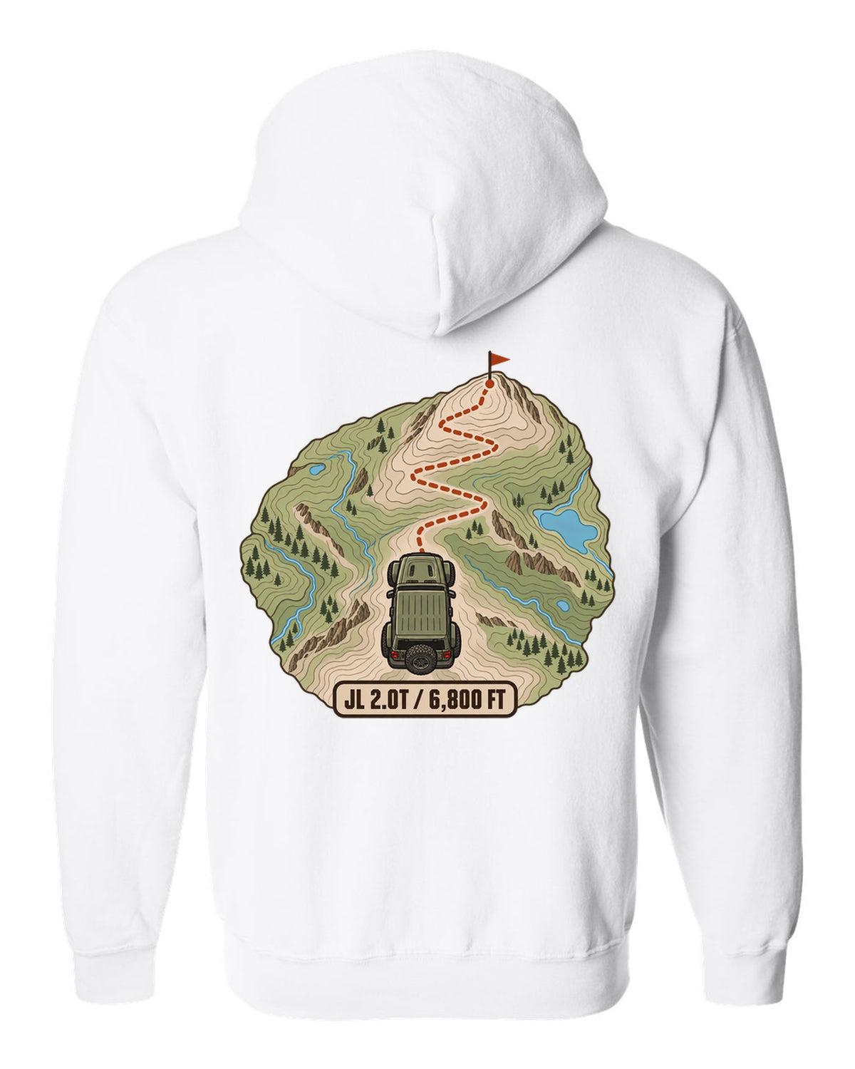 Jeep Wrangler JL 2.0T topographic contour map design with route line and 6,800 ft text white zip hoodie back view with the design