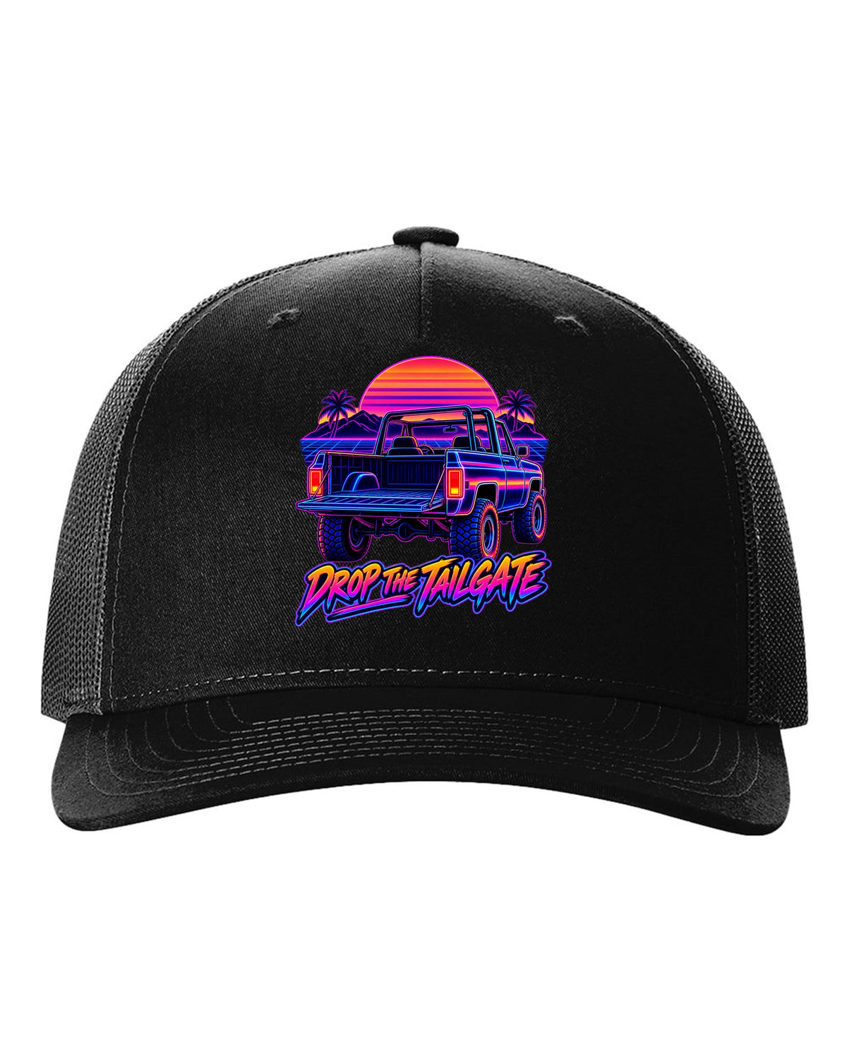 Neon synthwave line art of a 1973-1991 Chevrolet K5 Blazer tailgate with DROP THE TAILGATE text black hat front view with the design