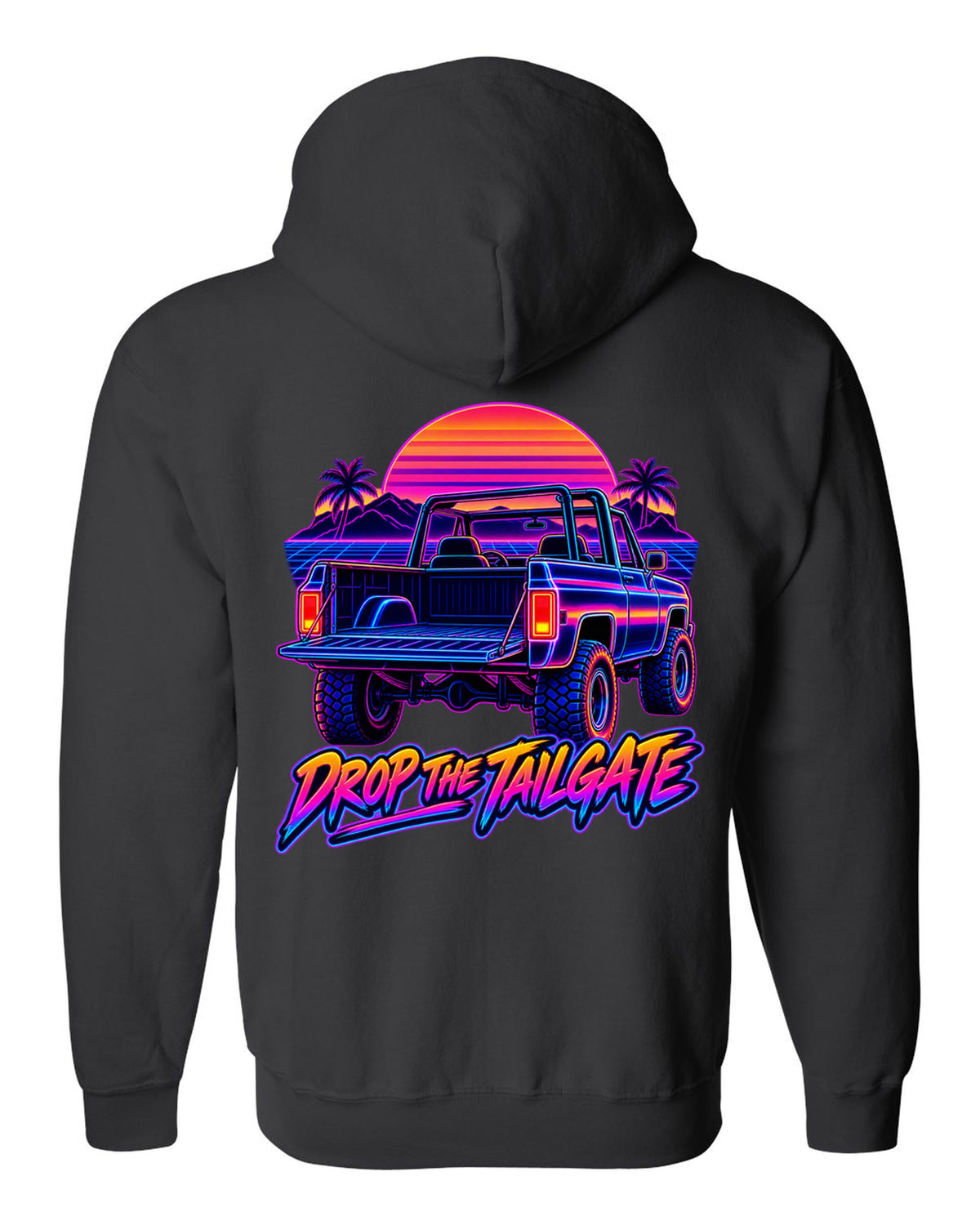 Neon synthwave line art of a 1973-1991 Chevrolet K5 Blazer tailgate with DROP THE TAILGATE text black zip hoodie back view with the design