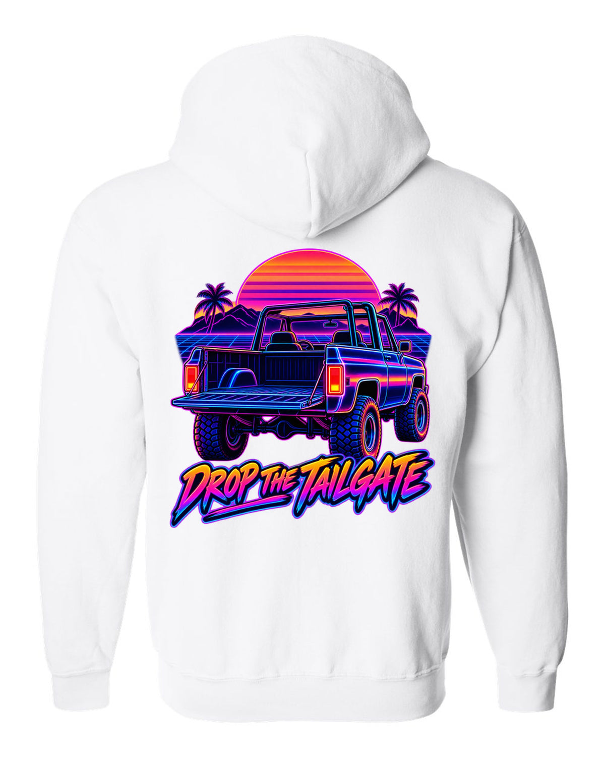 Neon synthwave line art of a 1973-1991 Chevrolet K5 Blazer tailgate with DROP THE TAILGATE text white zip hoodie back view with the design