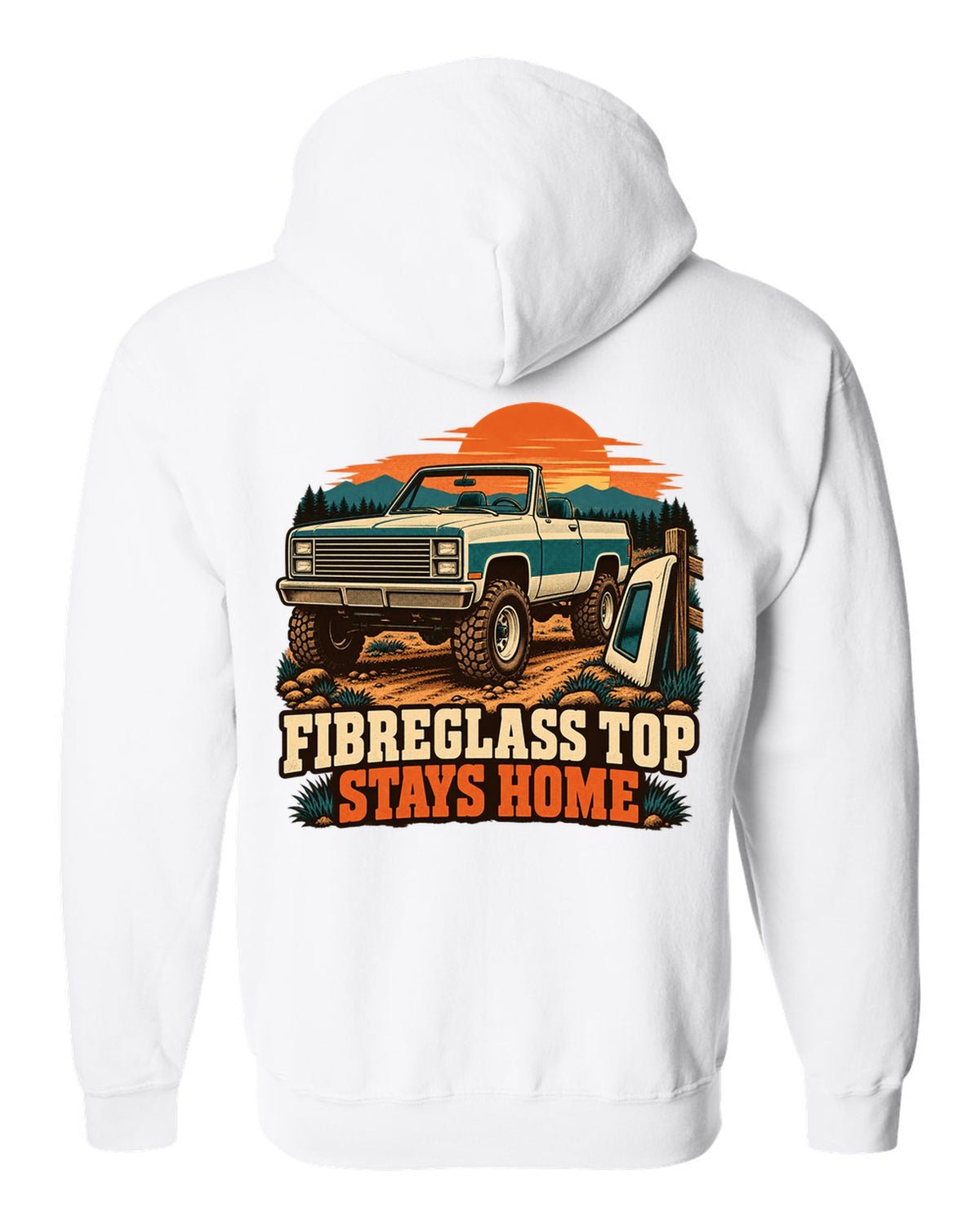 Retro two-colour print of a 1973-91 Chevrolet K5 Blazer with the top removed and FIBREGLASS TOP STAYS HOME text white zip hoodie back view with the design
