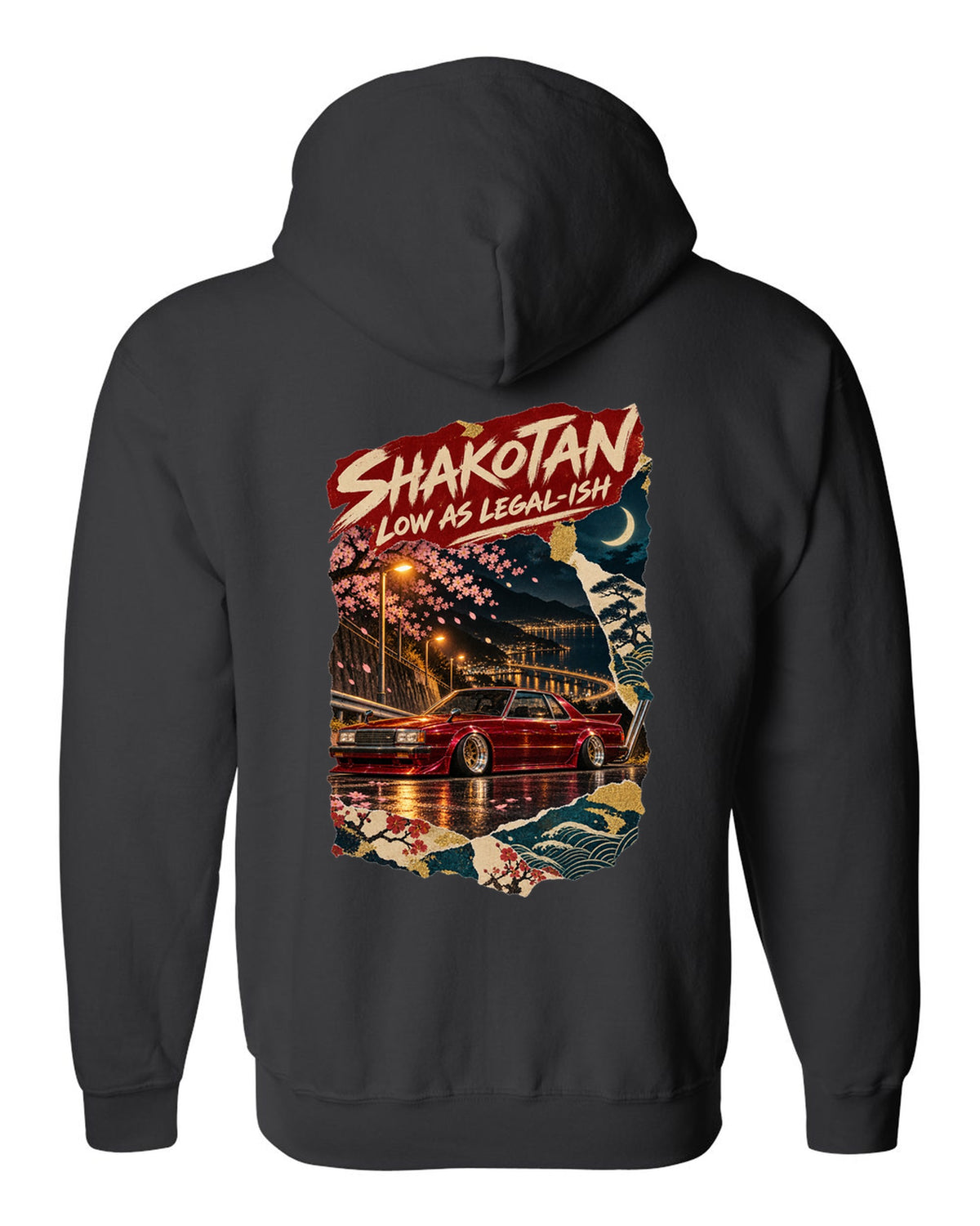 Japanese poster collage of a lowered kaido racer coupe with SHAKOTAN lettering black zip hoodie back view with the design