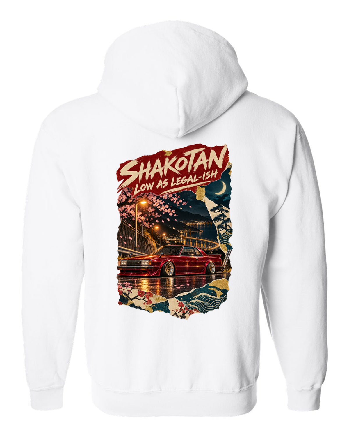 Japanese poster collage of a lowered kaido racer coupe with SHAKOTAN lettering white zip hoodie back view with the design