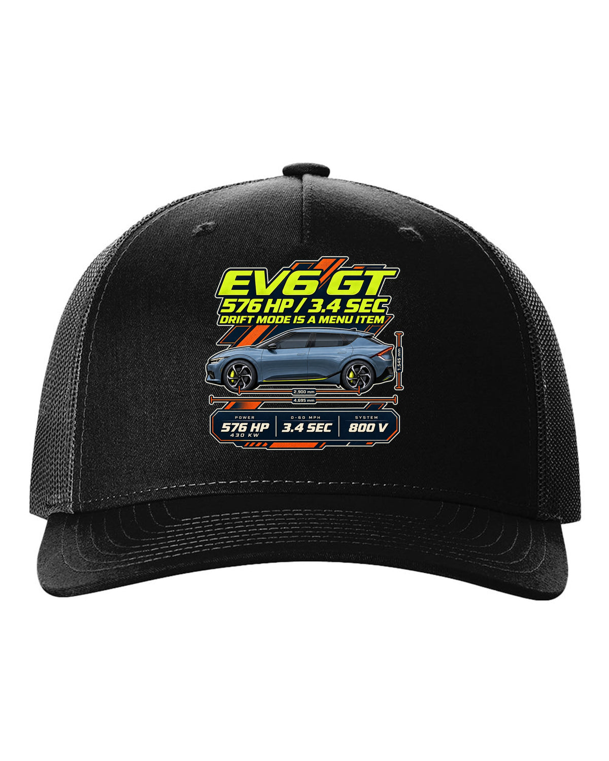 Kia EV6 GT spec poster print on a shirt black hat front view with the design