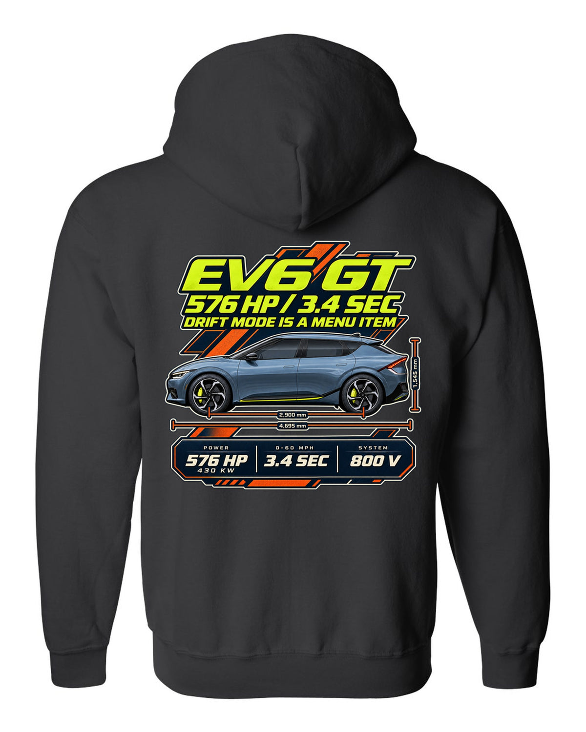 Kia EV6 GT spec poster print on a shirt black zip hoodie back view with the design